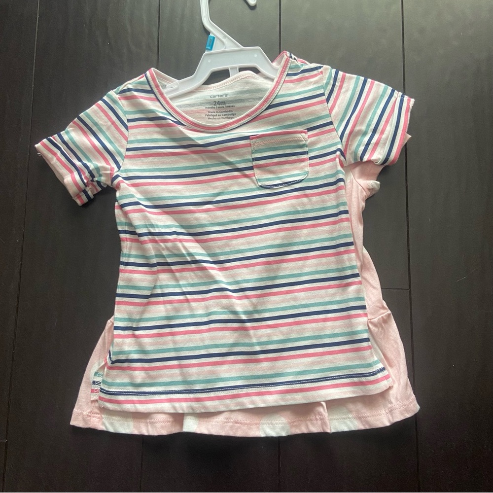 NWOT Carters 2pk baby girl ruffle hem t-shirts stripes & heart print size 24M